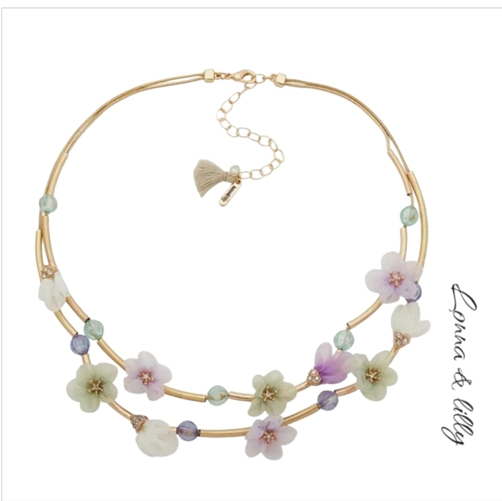 lonna & lilly Gold-Tone Pavé & Ribbon Flower Beaded Layered Necklace 16"